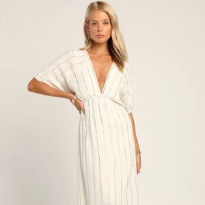 Goddess Vibes Ivory Gold Striped Dolman Sleeve Maxi Dress- US L NWT
